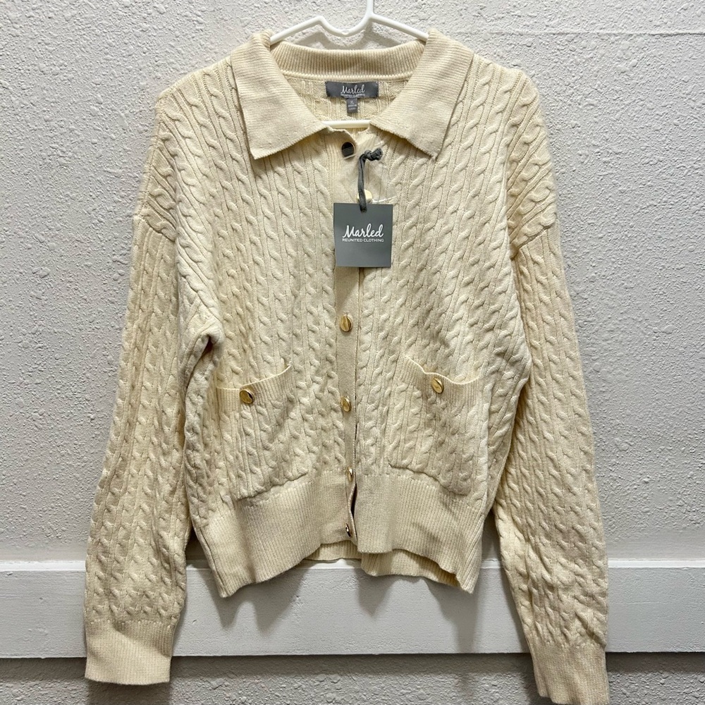 Marled Yellow/Cream Button Up Collared Sweater NWT XL